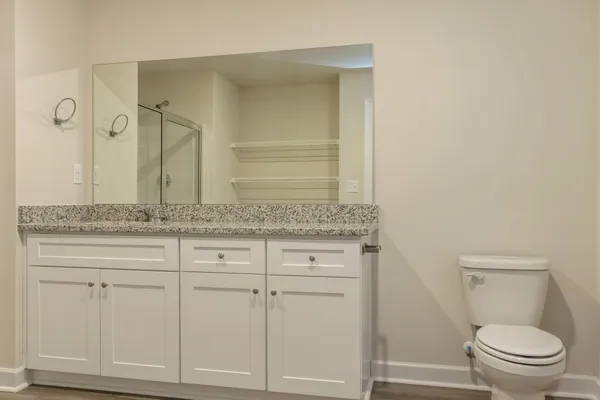 a bathroom with a granite countertop toilet and a sink