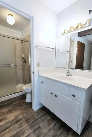 a bathroom with a sink a toilet and shower