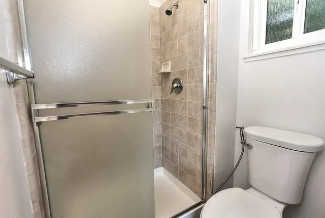 a bathroom with a toilet and a shower