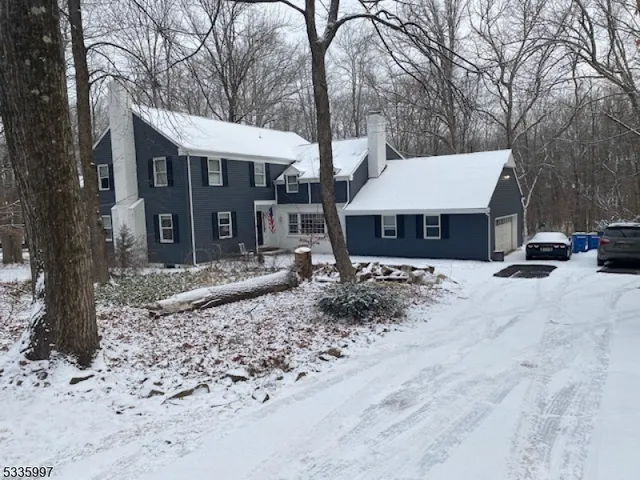 a front view of a house with a yard covered with snow and trees