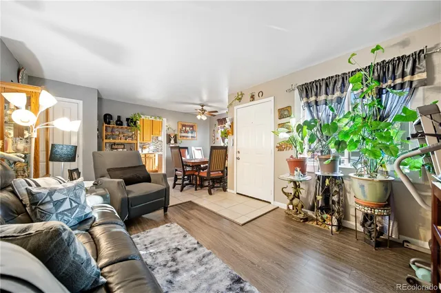 a living room with furniture and a potted plant