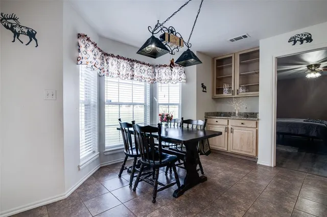 a view of a dining room with furniture and window