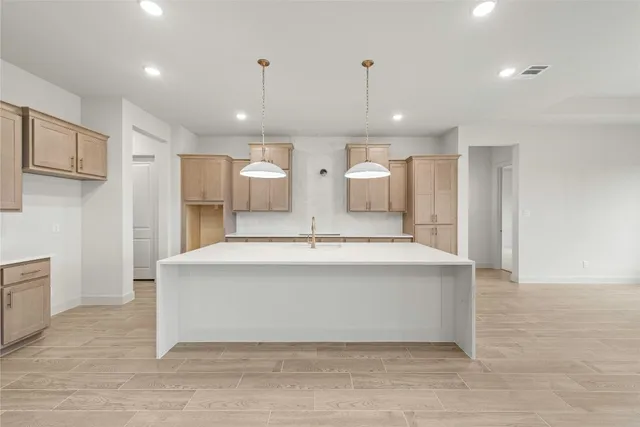 a large kitchen with a large counter top a sink stainless steel appliances and cabinets