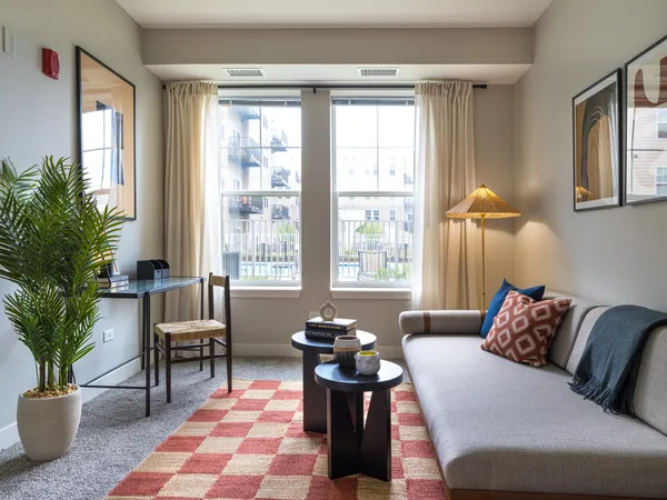 a living room with furniture and a potted plant