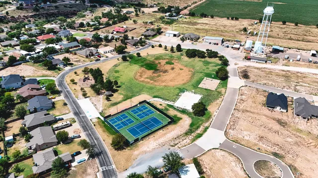 an aerial view of residential houses with outdoor space