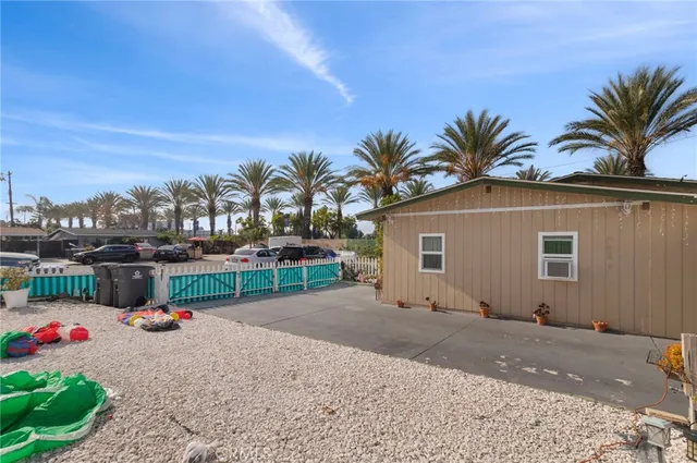 a view of a backyard with potted plants and palm trees