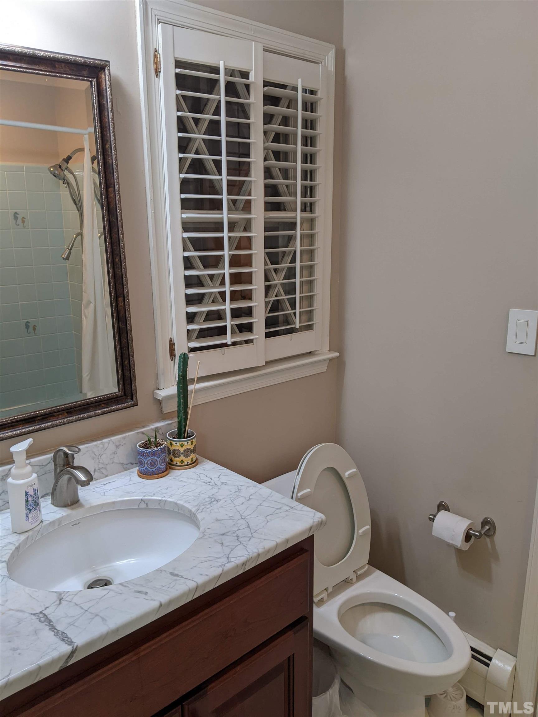 1508 Medfield Road Raleigh, NC 27607 - Photo 11 of 19 a bathroom with a granite countertop toilet a sink and a mirror