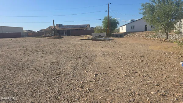 a view of a dry yard with a house