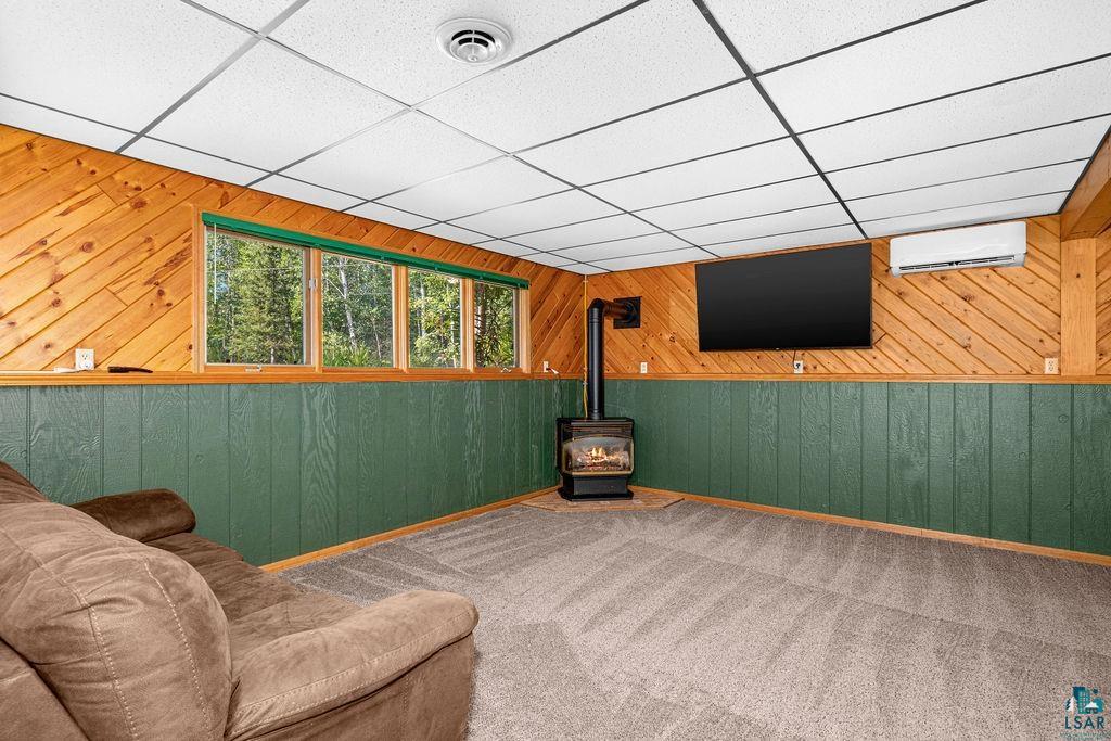 5370 Ugstad Road Hermantown, MN 55811 - Photo 13 of 68 Wall-mounted fireplace with a black flue, diagonal wood-paneled walls, green wainscoting, and a drop ceiling
