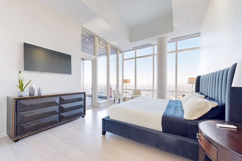 1 Franklin Street, Unit PH4E Boston, MA 02110 - Photo 21 of 40 a bedroom with a bed and flat screen tv