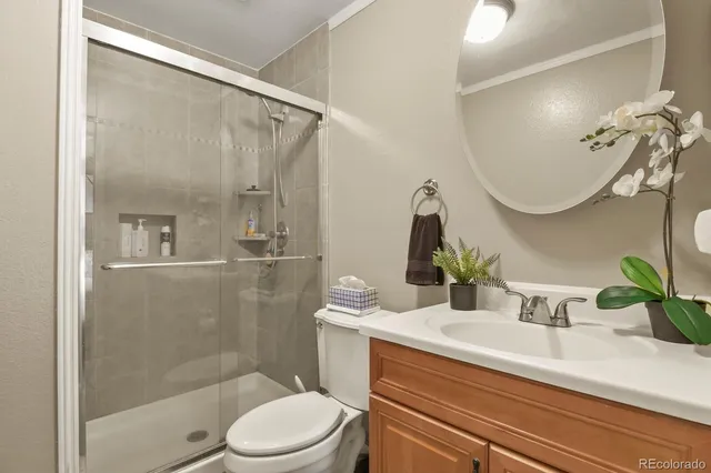 a bathroom with a sink a mirror a toilet and shower