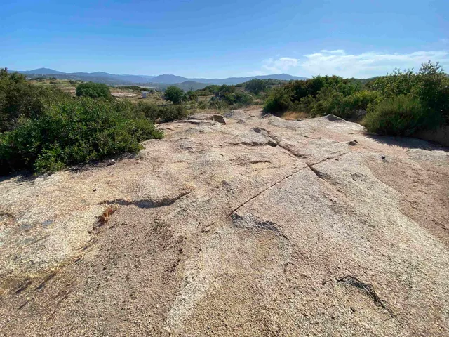 a view of a dry yard with mountains in the background