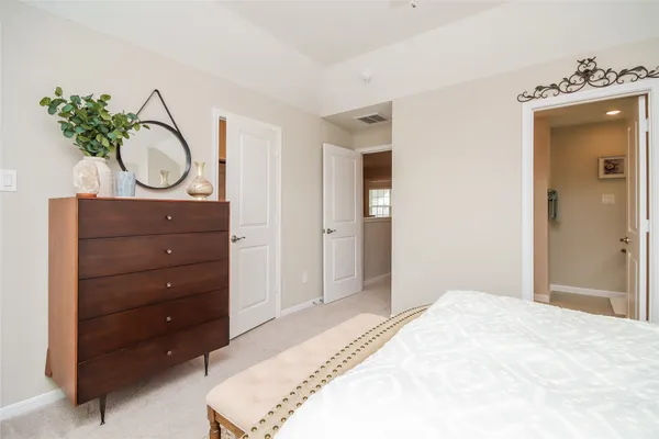 a bedroom with a bed and a closet