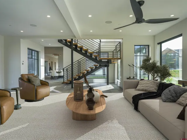 a living room with couches and a potted plant with outer view
