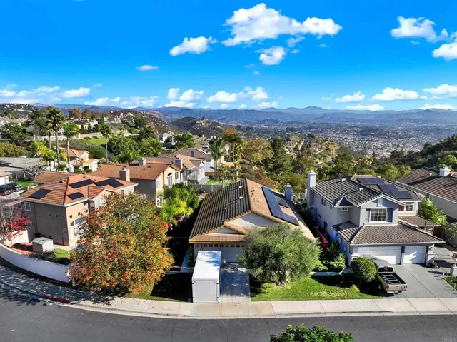 an aerial view of residential houses with outdoor space and street view