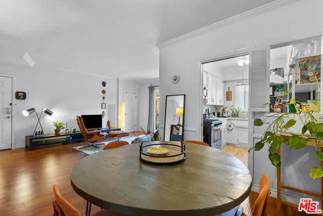 a view of a dining room with furniture