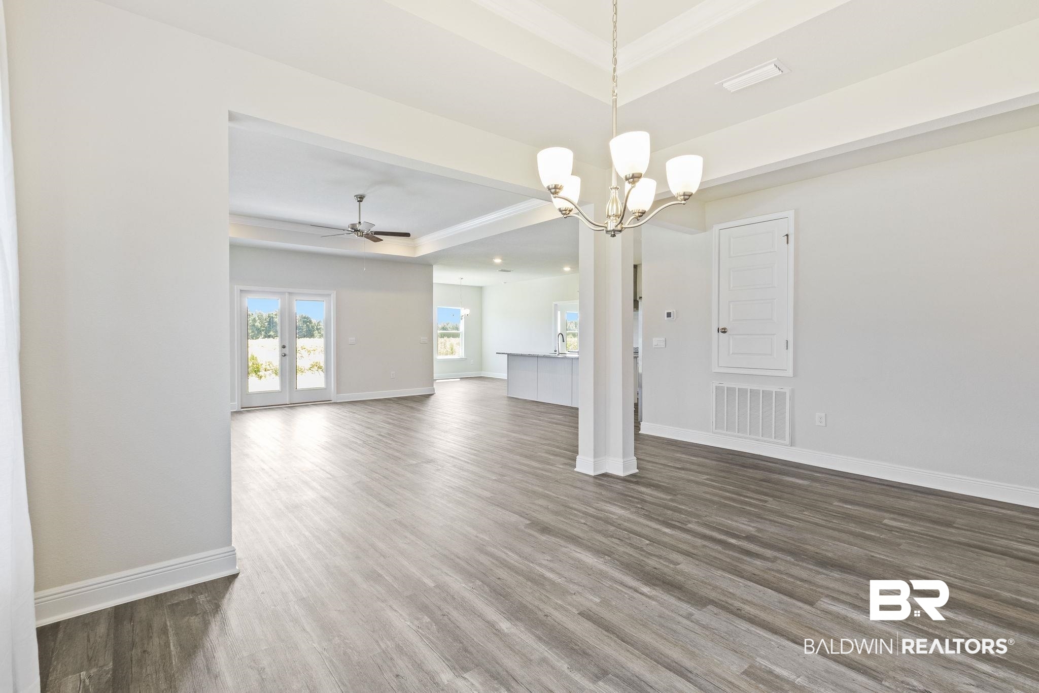 11303 Genuine Risk Circle Daphne, AL 36526 - Photo 20 of 100 Unfurnished living room featuring ceiling fan with notable chandelier, a raised ceiling, and dark hardwood / wood-style floors