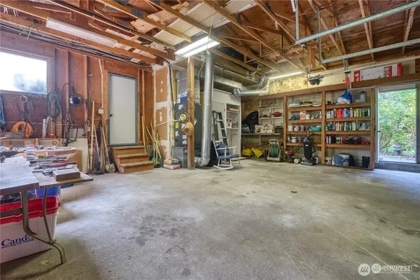 a view of a room with wooden racks
