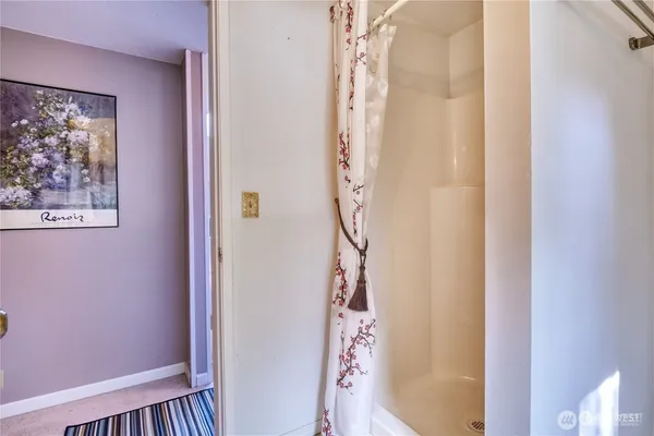 a bathroom with a shower and a window
