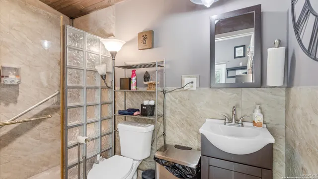 a bathroom with a sink toilet and shower