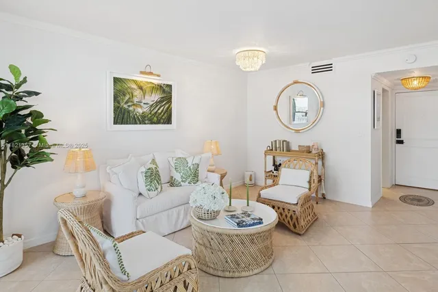 a living room with furniture a rug and a potted plant