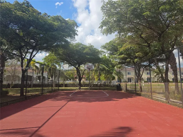 a street view with large trees