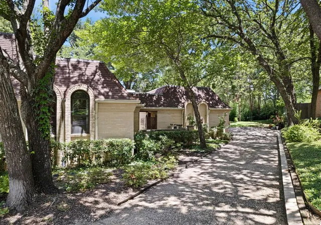 a view of a backyard with table and chairs and a large tree