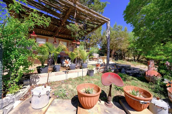 a view of a backyard with plants and patio