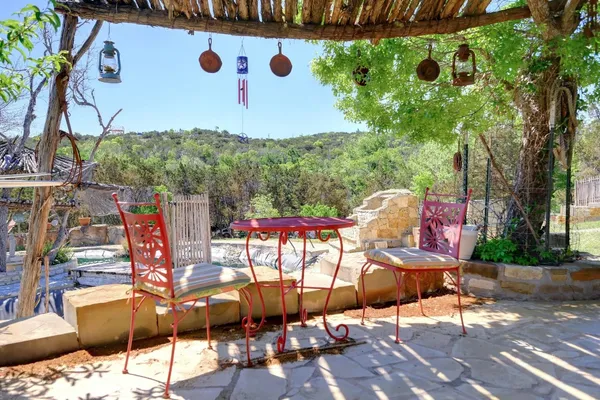 an outdoor space with seating area