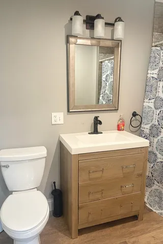 a bathroom with a toilet sink and mirror