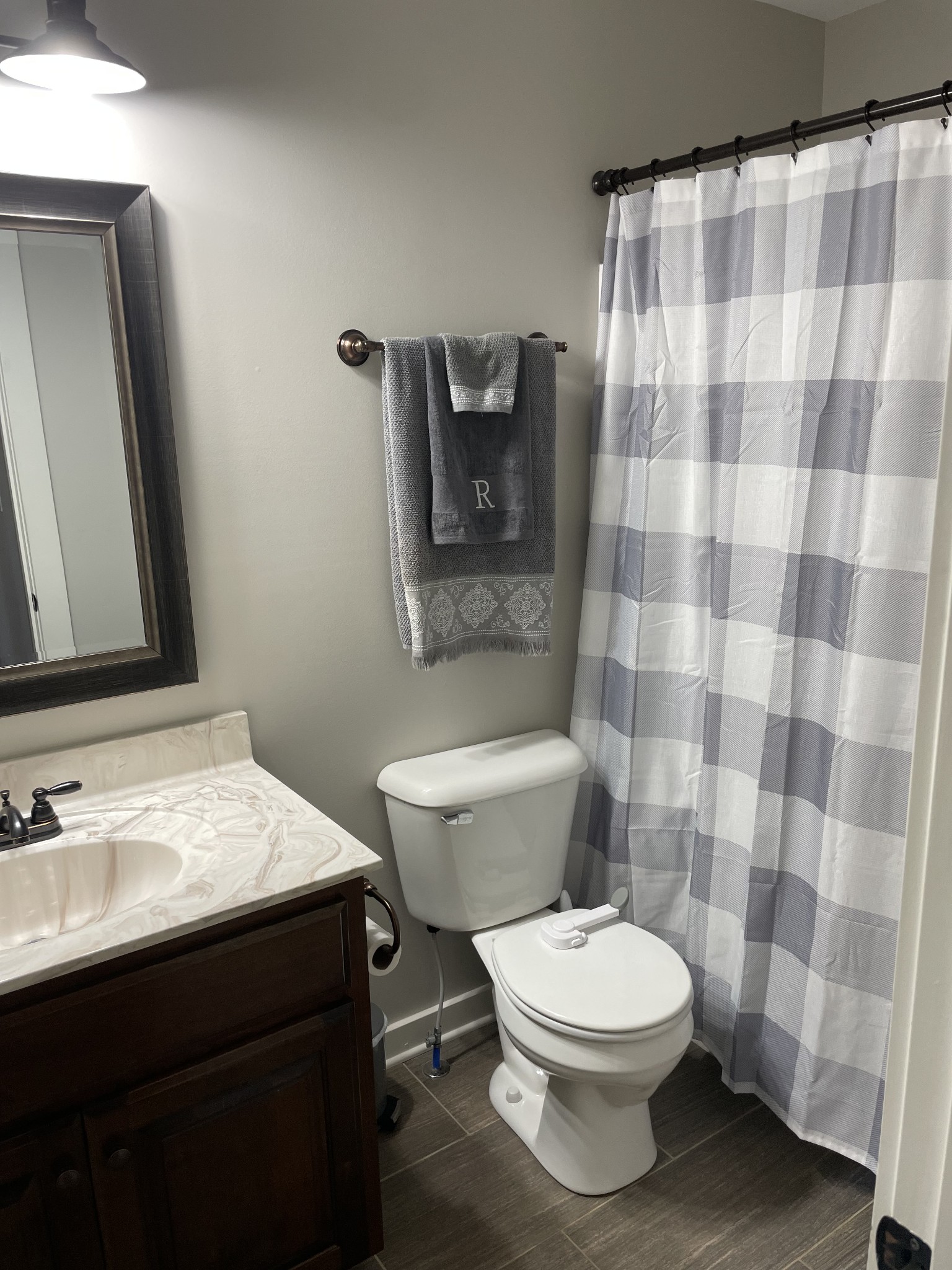 3716 Baggett Road Springfield, TN 37172 - Photo 32 of 40 a bathroom with a sink a toilet a mirror and shower curtain