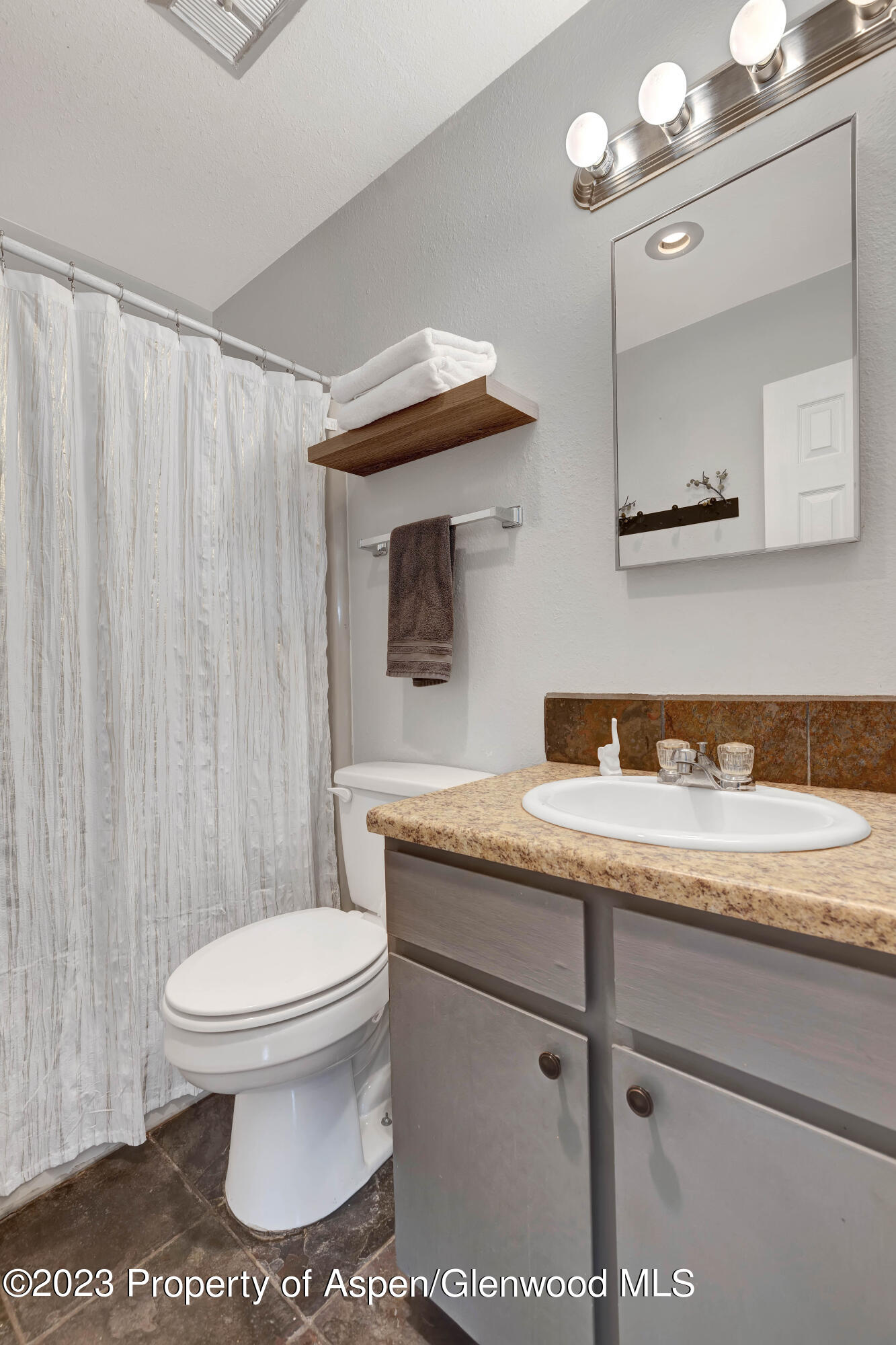 1173 Park Avenue Rifle, CO 81650 - Photo 16 of 26 a bathroom with a granite countertop sink a toilet and a mirror