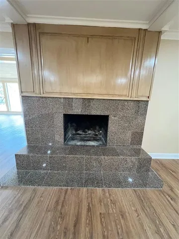 a living room with a fireplace
