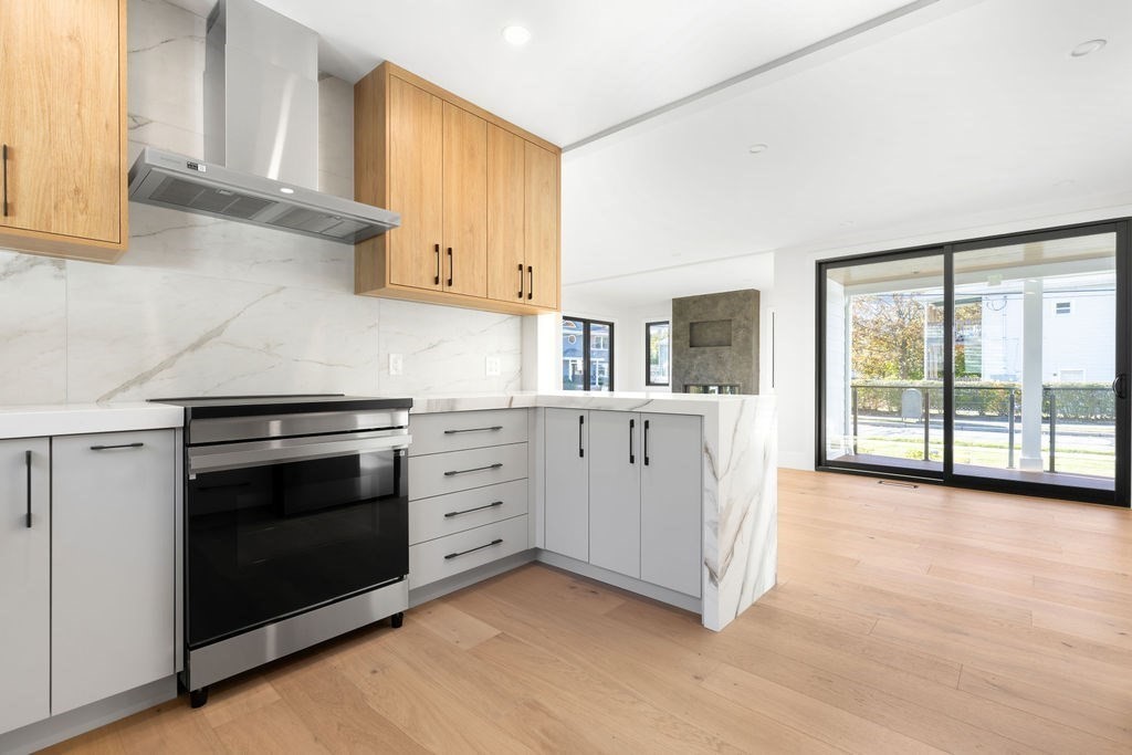 265-267 River Street, Unit 267 Newton, MA 02465 - Photo 9 of 22 a kitchen with stainless steel appliances granite countertop a stove a sink and a refrigerator