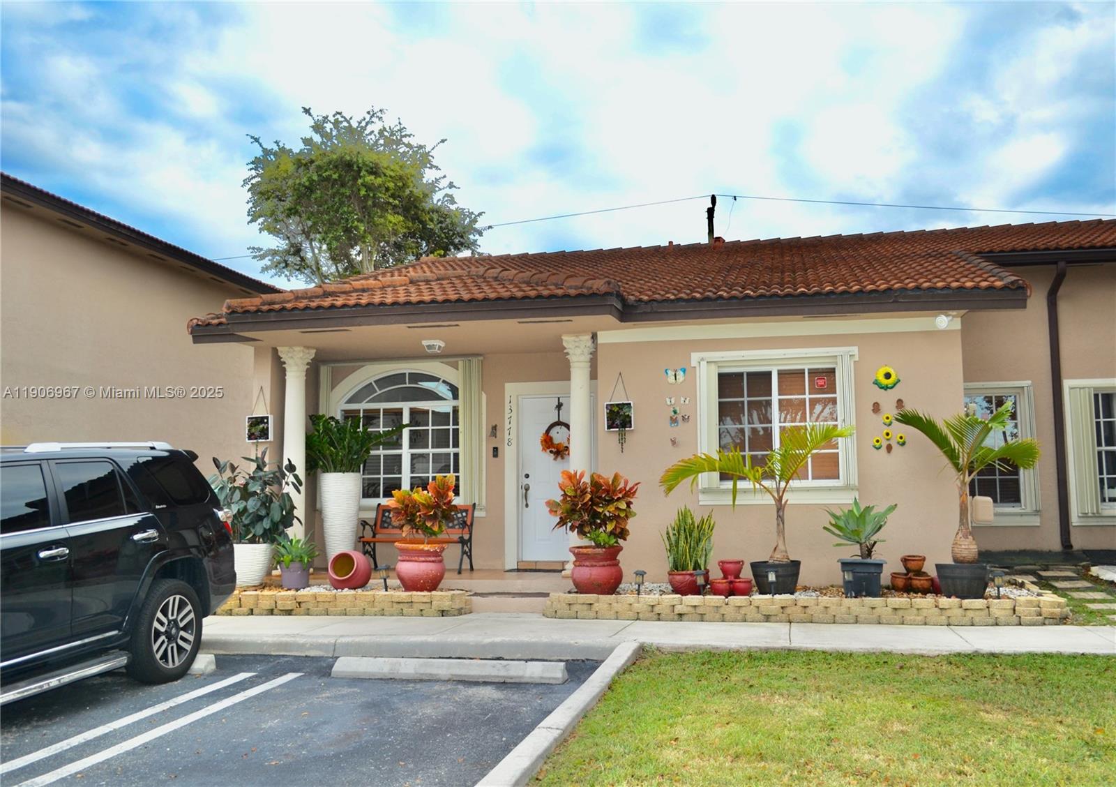 front view of a house with a patio