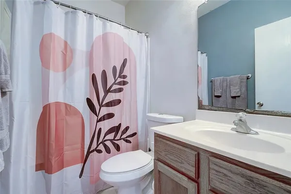 a bathroom with a sink a toilet and shower curtain