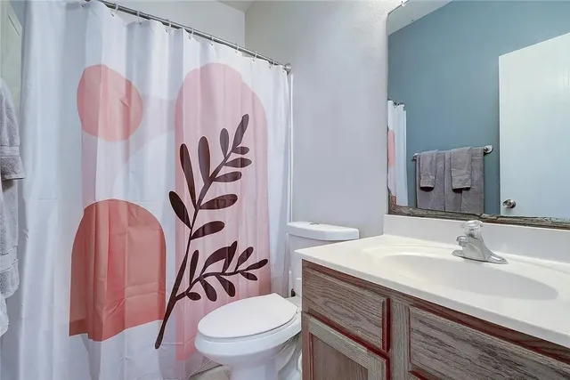a bathroom with a sink a toilet and shower curtain