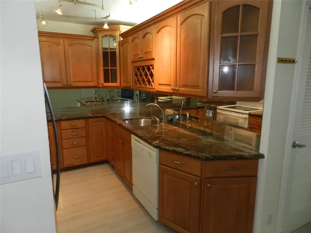 a kitchen with stainless steel appliances granite countertop a sink and a refrigerator