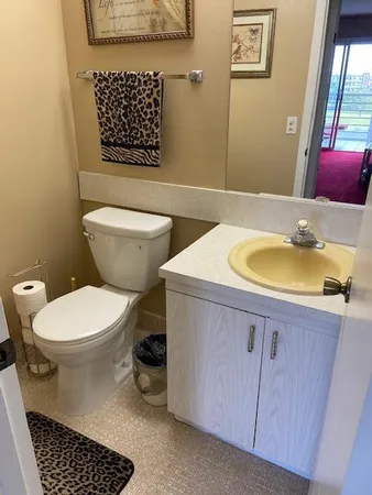 a bathroom with a sink a toilet and a mirror