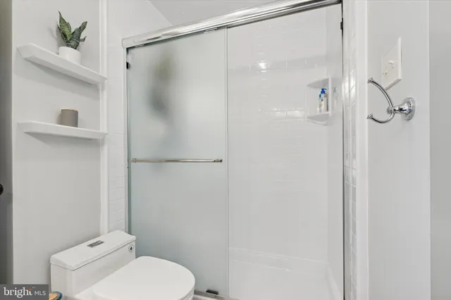 a bathroom with a toilet and a shower