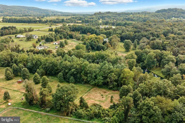 an aerial view of residential houses with outdoor space and trees