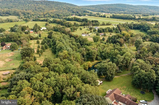 an aerial view of residential houses with outdoor space and trees