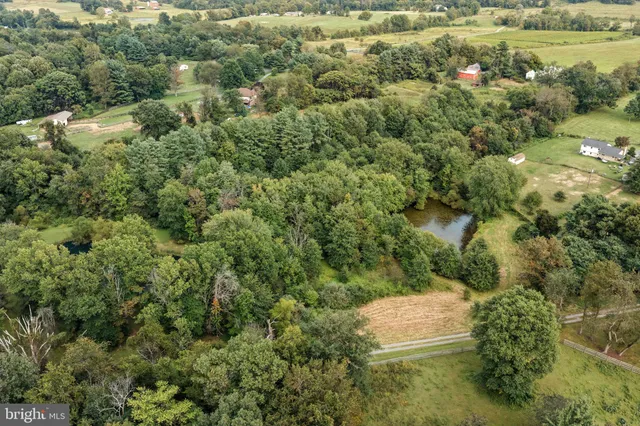 an aerial view of a residential houses with outdoor space and trees