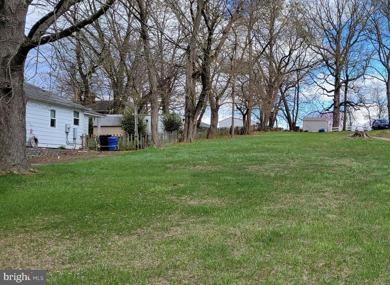 a view of a yard with a house in the background