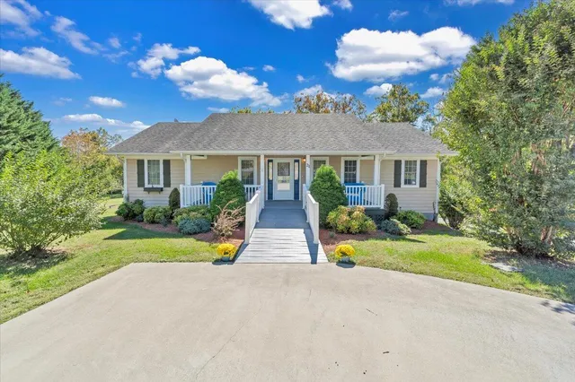 a view of house with a yard and potted plants