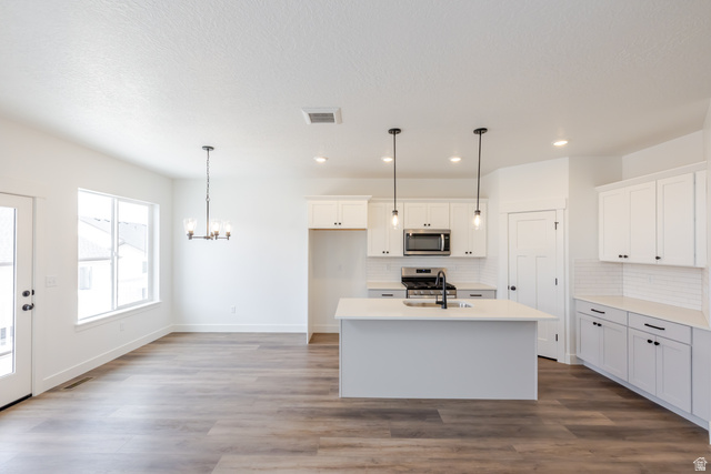 4812 Heartwood Road, Unit 424 Mapleton, UT 84664 - Photo 4 of 20 Kitchen with white cabinetry, stainless steel appliances, a kitchen island with sink, and dark wood-type flooring