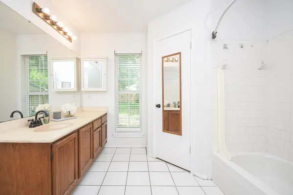a bathroom with a tub sink and mirror
