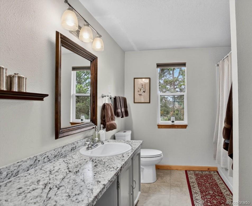 31911 Warrens Road Golden, CO 80403 - Photo 16 of 42 a bathroom with a granite countertop sink a toilet and a mirror