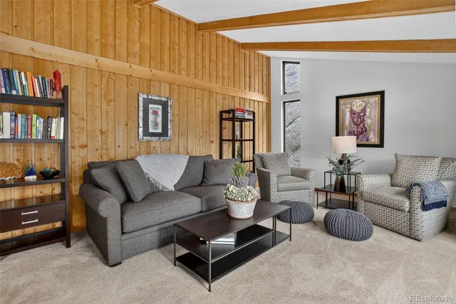 a living room with furniture and a book shelf