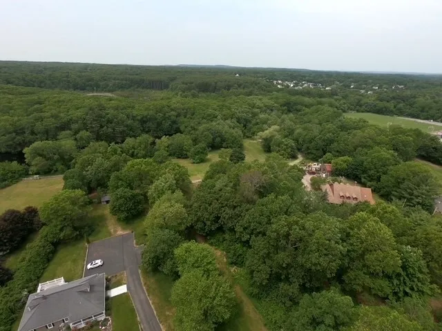 an aerial view of residential houses with outdoor space and trees